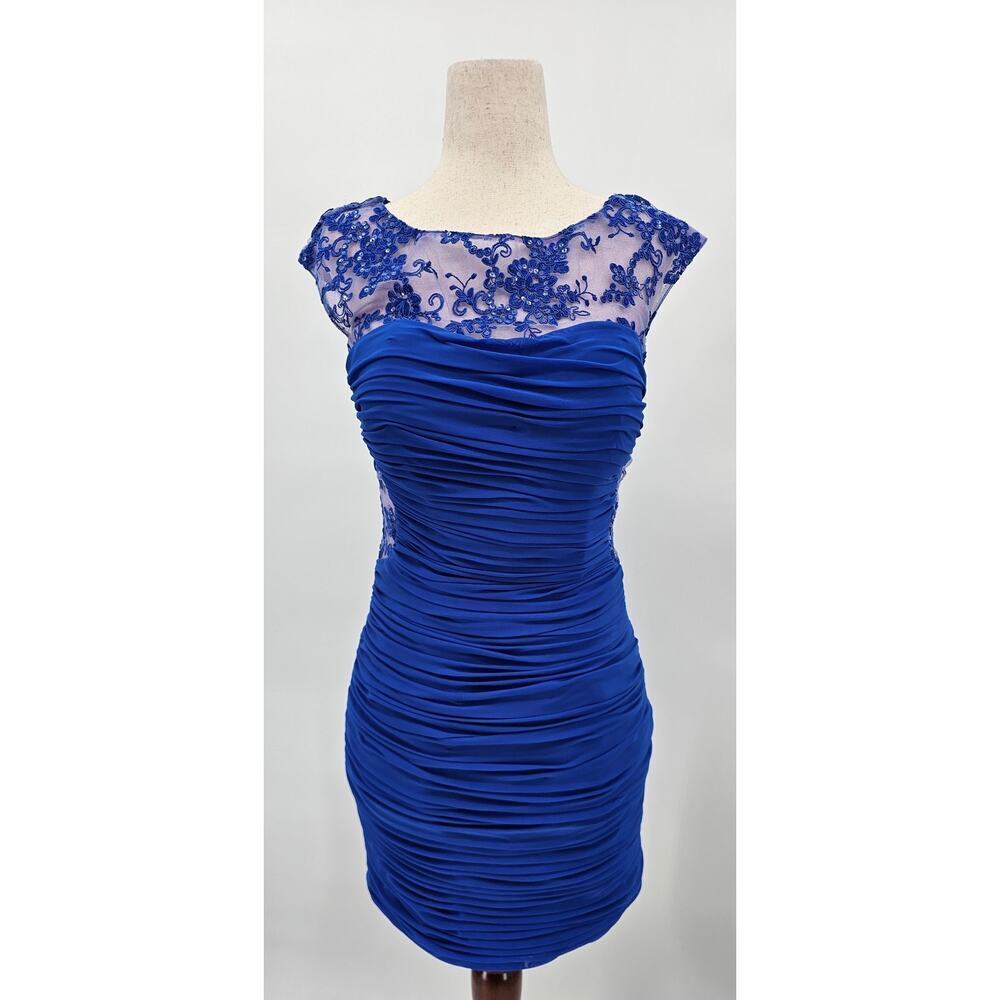 La Femme Women's 2 Electric Blue Mesh Floral Formal Cocktail Dress 19900